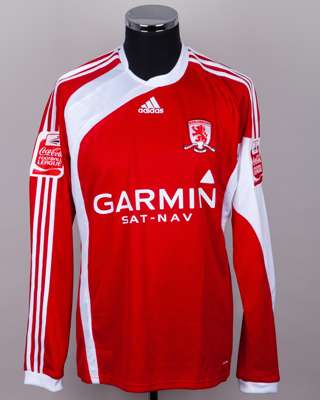 Emanuel Pogatetz red and white No.6 Middlesbrough long-sleeved shirt, 2009-10