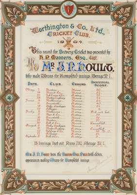 Worthington & Co. Ltd Brewery Cricket Club illuminated address awarded to Mr J N Hoult, dated 1904,
 The colour illustrated address for the record bre