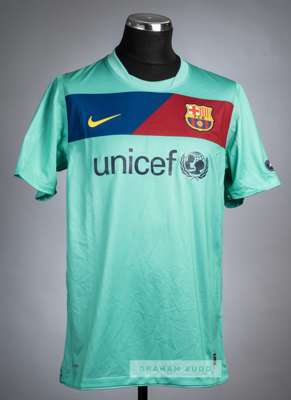 Jeffren Suarez cool mint Barcelona no.11 away jersey, season 2010-11,
 Nike, short-sleeved with UEFA STARBALL and RESPECT sleeve badges, club crest ba