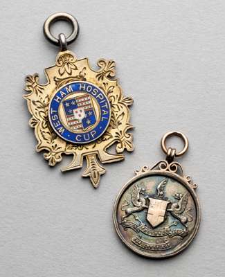 Two medals awarded to J O Drummond of Ilford FC,
 both in silver-gilt, one enamelled for the West Ham Hospital Cup of 1891 and the London FA Senior Cu