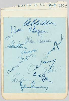 Manchester United autographed album page, circa 1949,
 blue autographed album page stuck down on another page, signed in blue ink, autographs include 