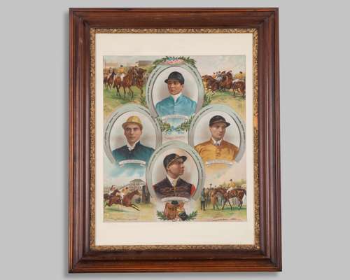 Decorative Victorian colour lithograph titled “Famous Jockeys”