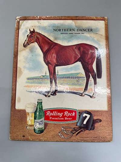 Rolling Rock Premium Beer counter-top advertisement featuring Northern Dancer the 1964 Kentucky Derby winner,
 colour lithograph laid down on board, e