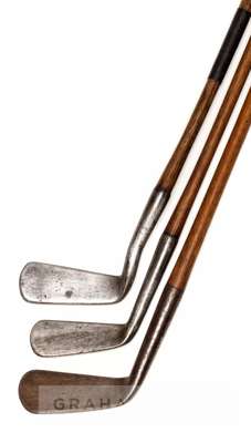 A group of 12 hickory shafted irons,
 comprising three smooth-faced clubs i) a Forgan Mashie smooth-faced circa 1880, head reverse marked ‘R. Forgan &