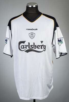 Sami Hyypia white Liverpool no.4 away jersey, season 2001-02,
 Reebok, short-sleeved with THE FA PREMIER LEAGUE sleeve badges, club crest and sponsor 
