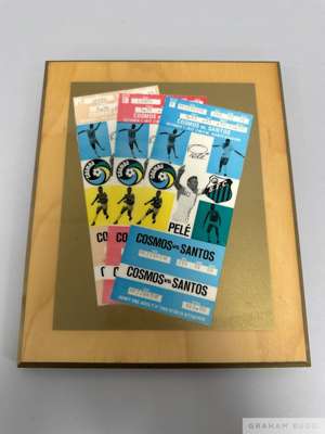 Pele Farewell Match tickets presentation, a laminated wooden frame enclosing a trio of match tickets 
 for the Cosmos v Santos Pele Farewell Match pla