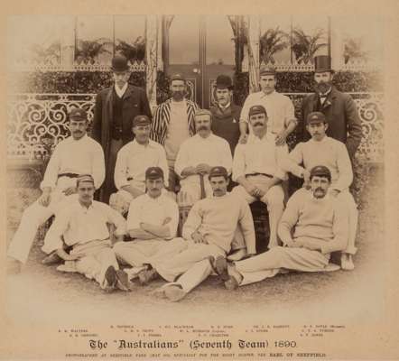 The "Australians" (Seventh Team) v Lord Sheffield's XI, 8th May 1890,
 b & w with mild sepia tone, with printed legend, published by E Hawkins & Co. o