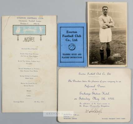 Signed Everton 1931-32 Football League Division 1 Champions dinner invitation, signed menu, players ticket & postcard of Dixie Dean from the George "H