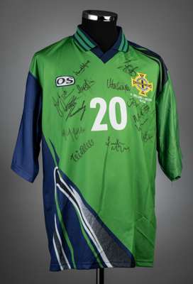 Squad-signed green & navy Northern Ireland UEFA European Qualifier no.20 jersey v Moldova, played at Windsor Park, 18th November 1998,
 match-issue, O