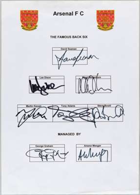 Arsenal FC the famous 'Back Six' autograph sheet,
 including David Seaman, Lee Dixon, Nigel Worthington, Martin Keown, Tony Adams, Steve Bould, George