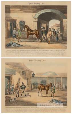 A pair of Horse Dealing engravings by R Ackermann, 
 the first titled HORSE DEALING NO.1, featuring Messrs Screwdriver and Reardone's opinions concern