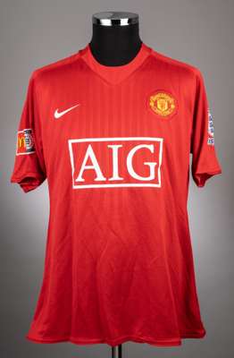 Rio Ferdinand red No.5 Manchester United v. Portsmouth 2008 Community Shield match issue short-sleeved jersey, 
 Nike, XL, with v-neck collar and embr