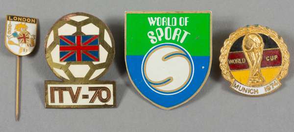Two ITV badges issued to the England football manager Sir Alf Ramsey,
 one for the 1970 World Cup, the other for World of Sport; sold together with a 