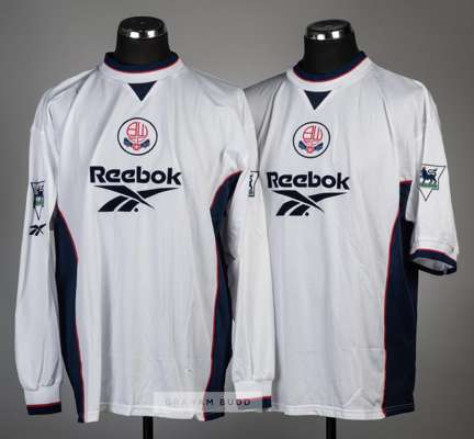 Two Bolton Wanderers white home jerseys, season 1997-98,
 comprising Gavin Ward no.16 short sleeved and Franz Carr no.32 long-sleeved, each Reebok wit