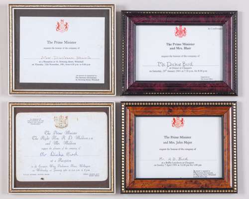 Dickie Bird collection of framed Royal and Prime Minister invitations and photographs