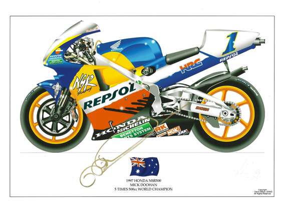 Mick Doohan (Australia) signed limited edition A4 art print,
 58 of 250, 1997 Honda NSR500, five times 500cc Moto GP World Champion, includes COA and 