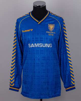 Steve Cotterill blue and yellow No.6 Wimbledon long-sleeved shirt, 1989-90