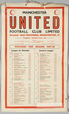 Official printed fixture list for Manchester United's ill-fated 1957-58 football season,
 published by the club, for wall hanging, printed on card in 