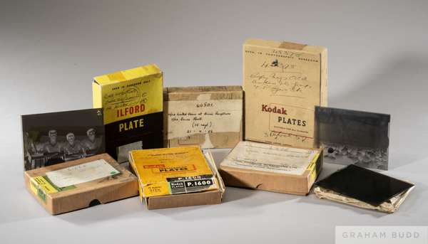 A rare collection of sixty Manchester United related glass plates, 1950-60s, 
 Box A from Thomson Newspapers, 1960, comprising eleven glass plates, de