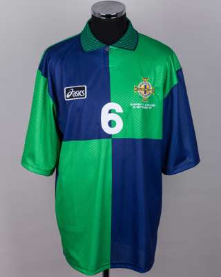 Steve Lomas green No.6 Northern Ireland v. Albania match worn short-sleeved shirt, 1997