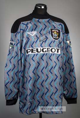 Rare Peter Shilton signed multi-pattern Coventry City no.30 goalkeeper's jersey, season 1995-96,
 Pony, long-sleeved embroidered club crest badge and 