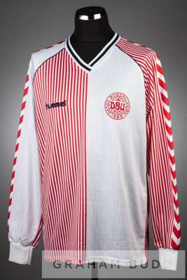 Jesper Olsen white, red and navy Denmark no.8 away jersey, season 1986-87,
 long-sleeved with country emblem and reverse numbered 8

 This jersey came