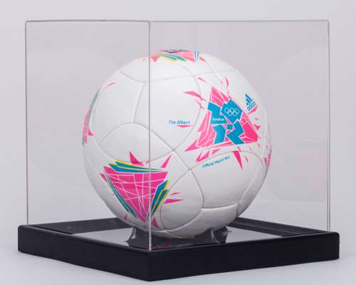 White and blue Adidas The Albert London Olympics 2012 official match ball in display case