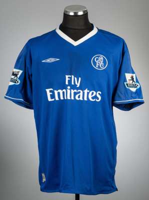 Damian Duff signed blue Chelsea no.11 home jersey, season 2003-04,
 Umbro, short-sleeved with BARCLAYS PREMIERSHIP sleeve badges, club crest and spons