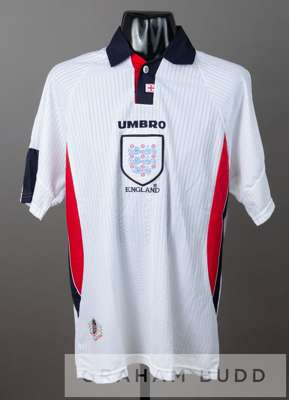 Tony Adams white England No.5 home jersey, circa 1998,
 by Umbro, short-sleeved with embroidered England three lion badge and ENGLAND with sponsor log