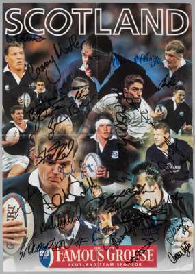 Signed Scotland rugby poster, circa 1990s,
 signed in blue marker pen, including McKenzie, Hilton, Redpath, Grimes, Jardine, Simpson, Nicol, Logan, Ca