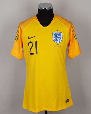 Alex McCarthy yellow and green No.21 England v. Spain short-sleeved shirt, 2018