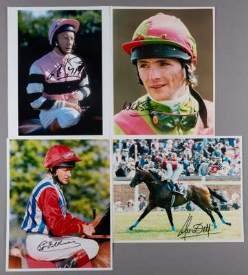 Collection of signed photographs of top flat jockey's and trainers,
 including Eddery (3), Dettori (4), Piggott (3), Swinburne, Peslier, Fallon (3), M