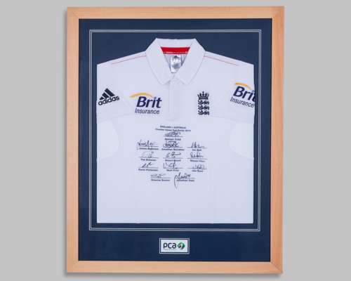 England v. Australia Investec Ashes Test Series 2013 autographed cricket white shirt display
