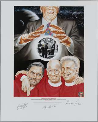 "The Sorcerers Apprentices" signed Artwork featuring George Best, Sir Bobby Charlton and Dennis Law. No. 209 from a limited edition print run of 350,
