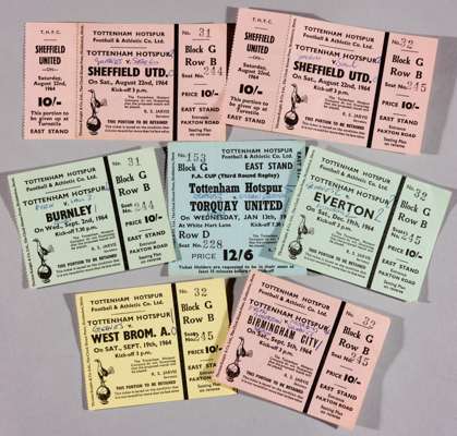 A collection of 38 Tottenham Hotspur home and away tickets from season 1964-65 to 1973-74, 
 Homes: 1964-65 (10), 1965-66 (1), 1970-71 (1), 1971-72 (3