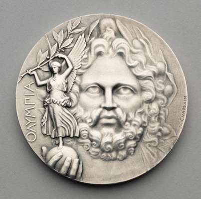 Rare 1896 winner's medal from first modern Olympics Games at Athens, 
 designed by Jules Chaplain, signed, struck in silver for first place (second pl
