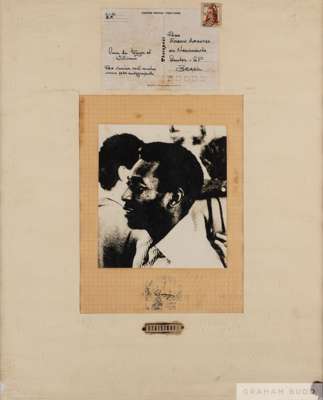 A framed collage featuring a screen-print portrait of Pelé,
 on a paper-backed transparent sheet below a postcard addressed from Casa de Tereza et Wil