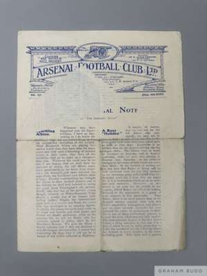 Arsenal v. West Bromwich Albion home match programme, 14th April 1925
 large format, area rubbed with match details, signs of folds