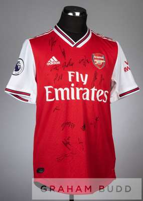Emile Smith Rowe squad signed red and white Arsenal no.32 home jersey, season 2019-20,
 short-sleeved with PREMIER LEAGUE and VISIT RWANDA sleeve badg