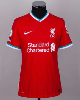 Curtis Jones red and white No.17 Liverpool v. Tottenham short-sleeved shirt, 2020-21