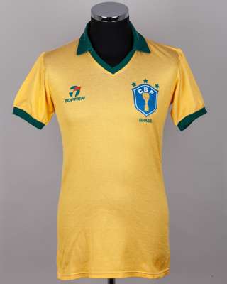 Nazareth Edinho yellow and green No.4 Brazil v. Poland match worn short-sleeved shirt, 1986