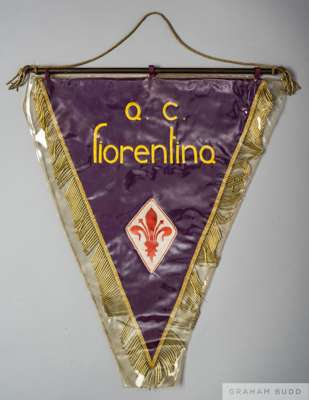 Official purple and Fiorentina friendly match pennant, 1969  

of triangular design inscribed Q.C. Fioretina, hanging bar and tassels

 PROVENANCE: Dr