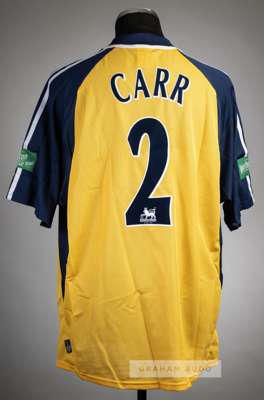 Stephen Carr yellow & navy Tottenham Hotspur Worthington Cup Final no.2 jersey v Blackburn at Millennium Stadium, 24th February 2002,
 Adidas, short-s