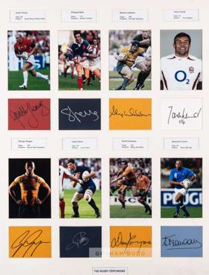 Framed collection of "The Rugby Centurions" individual photographs and autographs display, 
 featuring rugby legends including Gareth Thomas, Phillipp