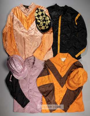 Four sets of racing colours,
 comprising mauve silks with chocolate sleeves, bearing makers label for BOYCE & RODGERS RACING SADDLERS NEWMARKET, with 
