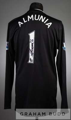 Manuel Almunia signed black and grey Arsenal no.1 goalkeeper's jersey, season season 2008-09,
 long-sleeved with BARCLAYS PREMIER LEAGUE sleeve badges