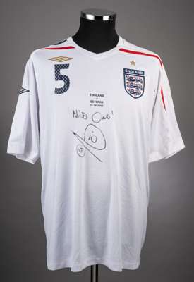 Rio Ferdinand white No.5 England v. Estonia match issue short-sleeved jersey, 2007, 
 Umbro, XL, with v-neck collar and embroidered cloth badge inscri