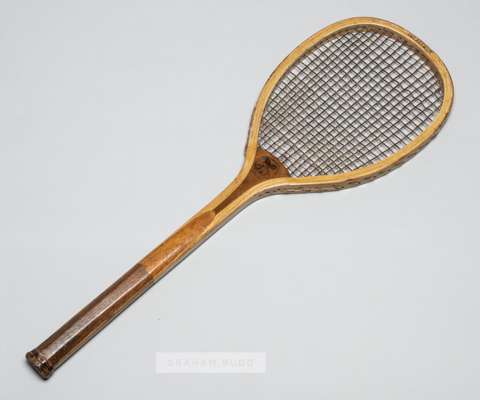 Flat top racquet "The Premier" by Browne & Heppell of London,
 high gloss, quality frame with original stringing and red treblings, small handle