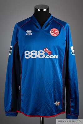 Jimmy Floyd Hasselbaink signed blue No.9 Middlesbrough long sleeved shirt 2005-06, 
 Errea, size XL, V neck with embroidered cloth badge inscribed MID
