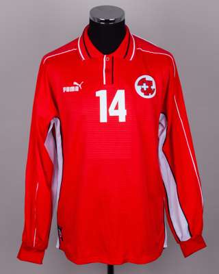 Red and white No.14 Switzerland v. Sweden long-sleeved shirt, 2002